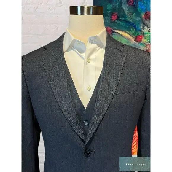 Perry Ellis 3 Piece Suit 44R 38x31.5 Navy Blue and White Textured Look - Picture 4 of 16